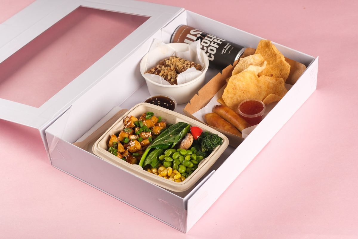 Chef Kenzo corporate snack box — bento meal with teriyaki chicken, edamame, brownie, cold coffee